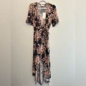 NWT Auguste The Label Wrap Dress High Low Charcoal Floral Print Size Large (8)